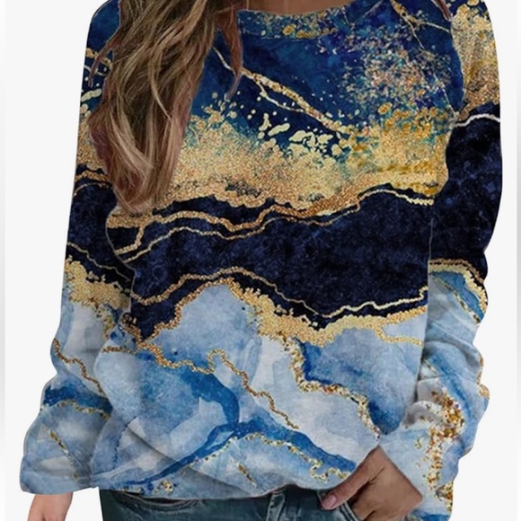 Womens Plus Size Marble Gold & Blue Polyester Pullover Sweatshirt 2XL - Picture 7 of 7